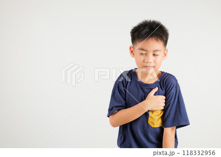 Young kid boy pressing on chest pain isolated on white background, painful expression heartache, primary children having heart attack heart disease, Painful cramps problem Young kid boy pressing on chest pain isolated on white background, painful expression heartache, primary children having heart attack heart disease, Painful cramps problem 118332956