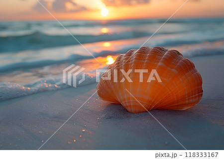 Golden Sunset with Seashell on Serene Beach - Perfect for Travel and Nature Posters Generative AI 118333167