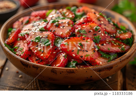 Fresh Strawberry Salad with Herbs, Sesame Seeds, and Balsamic Glaze - Perfect for Summer Recipes Generative AI 118333186