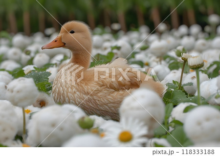 Adorable Duckling Amidst Blooming Cotton Flowers - Ideal for Spring Designs and Nature Themes Generative AI 118333188
