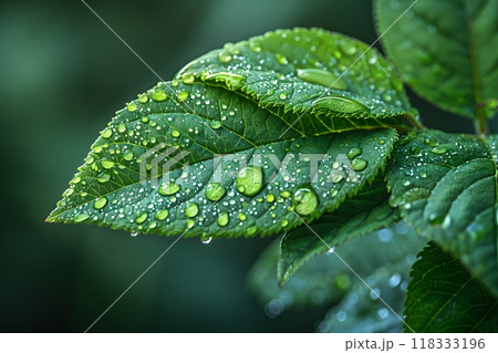 Close-Up of Dew Drops on Green Leaves - Nature, Freshness, and Natural Beauty Generative AI 118333196