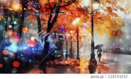 Woman walking under an umbrella on a rainy street with vibrant lights reflecting on the pavement Woman walking under an umbrella on a rainy street with vibrant lights reflecting on the pavement 118333252