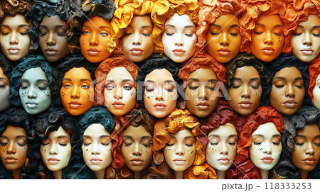 Diverse group of stunning women with vibrant makeup and colorful hair posing with their eyes shut 118333253