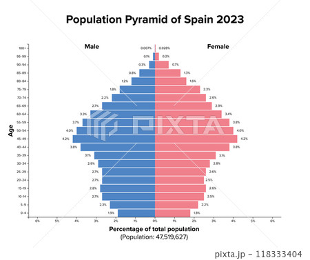 Population pyramid of Spain 2023. Age structure diagram and graphical illustration of the distribution of almost 48 million people, divided into females and males, quoted in percent and 4-year steps. 118333404
