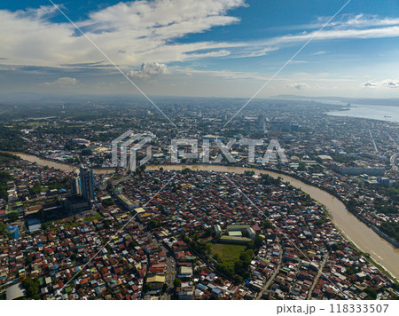 Drone view of residential area in Davao City. Houses in riverside. Mindanao, Philippines. 118333507