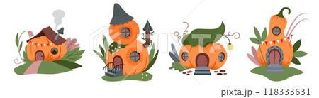 Set of cute fairy pumpkin houses. Halloween decor pumpkin houses with windows and flags. Autumn vector illustration in cartoon style. 118333631