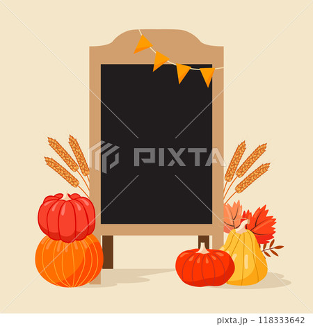 Empty restaurant outdoor menu board with festive autumn decor of pumpkins, ears, leaves, garland. Vector illustration. Empty restaurant outdoor menu board with festive autumn decor of pumpkins, ears, leaves, garland. Vector illustration. 118333642