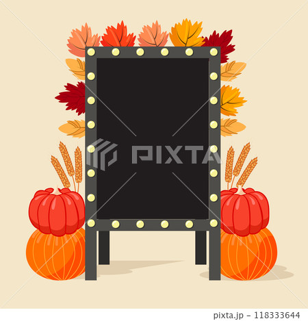 Empty restaurant outdoor menu black board with festive autumn decor of pumpkins, ears, leaves. Vector illustration. 118333644