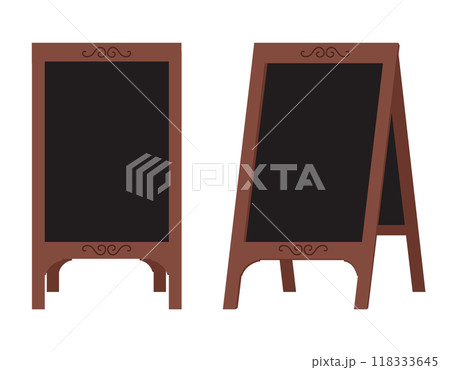 Wooden street sandwich empty stand black menu board. Welcome stand sign with black side. 118333645