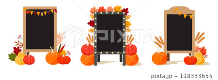 Set of empty restaurant outdoor menu black boards with festive autumn decoration of pumpkins, ears, leaves. Vector illustration. 118333655