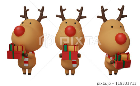 Christmas Rudolph carrying a bundle of gifts 3D graphics Christmas Rudolph carrying a bundle of gifts 3D graphics 118333713