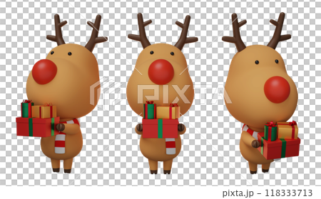 Christmas Rudolph carrying a bundle of gifts 3D graphics 118333713