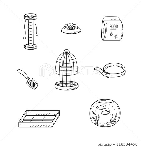 Pet store doodle, a set of icons of goods for the animal store. Vector illustration. Pet store doodle, a set of icons of goods for the animal store. Vector illustration. 118334458