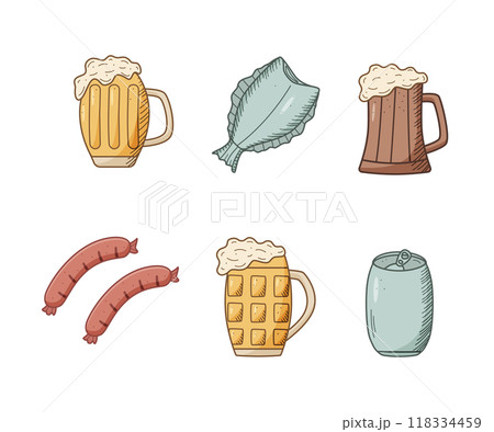 Beer doodle icons set. Vector illustration of Pub elements beer and snacks. Drawing Oktoberfest or bar. Beer doodle icons set. Vector illustration of Pub elements beer and snacks. Drawing Oktoberfest or bar. 118334459