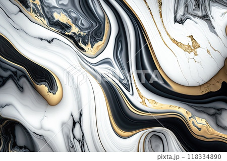 White gold marble texture pattern background with black and golden veins, poster, wallpaper ai generated backdrop. Glossy italian trendy tile, luxury surface of bathroom floor, interior decoration 118334890