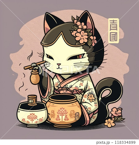 Korean or japanese tea ceremony, chibi cat...のイラスト素材 [118334899] - PIXTA