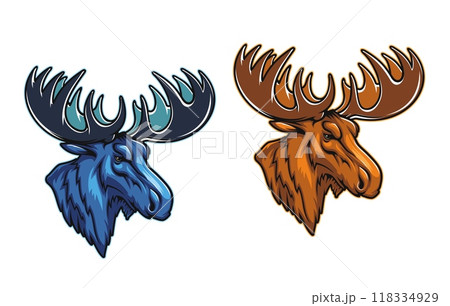AI generated moose elk mascot or generative AI animal for heraldic emblem, vector badges. Wild elk or moose head mascot for hunters club badge, hockey and basketball varsity team league t shirt print 118334929