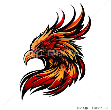 Phoenix bird mascot, ai generated phoenix head with fiery red, orange and yellow feathers. Vibrant emblem symbolizes rebirth, power and strength for branding, sports teams, club or tattoos design 118334998