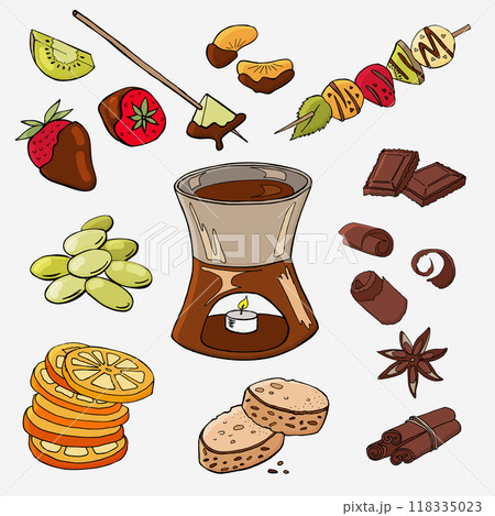 Set for chocolate fondue with fruit and berries. Dessert, pieces of fruit and chocolate. Vector illustration. 118335023