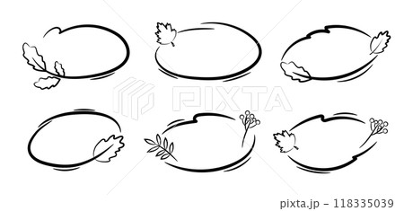 Oval autumn stroke frames with leaves. Set of black sketch doodle design elements. Borders for text decoration on a white background. Oval autumn stroke frames with leaves. Set of black sketch doodle design elements. Borders for text decoration on a white background. 118335039