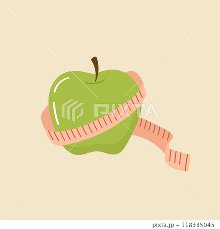 Green apple and measuring tape. Color illustration on the topic of healthy eating and weight control. 118335045