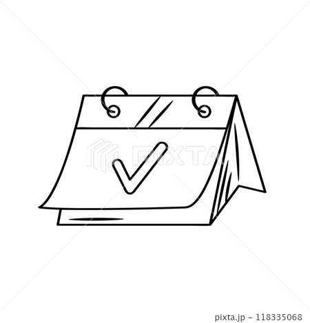 Desk calendar with check mark doodle icon. Vector hand drawn sketch illustration. 118335068