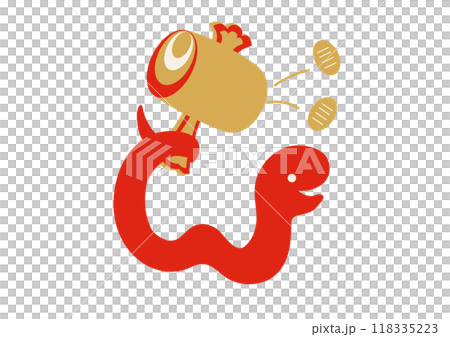 打ち出の小槌から小判を出す赤い蛇のフラットイラスト 打ち出の小槌から小判を出す赤い蛇のフラットイラスト 118335223