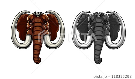 Ai generated mammoth mascot, generative ai character. Isolated majestic wild creature head with tusks and brown or grey fur. Relic of the ice age, ancient giant, symbol of prehistoric power and wonder 118335298