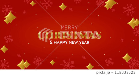 Red and golden winter holiday background with 3d stars and snowflakes 118335325