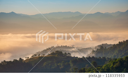Himalaya hills in mist, sunrise landscape 118335933