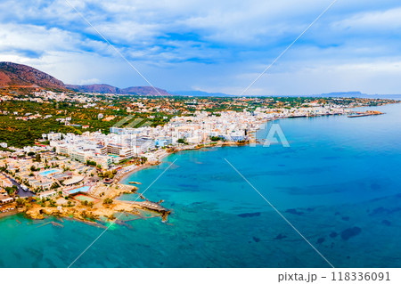 Hersonissos town aerial panoramic view in Crete, Greece 118336091