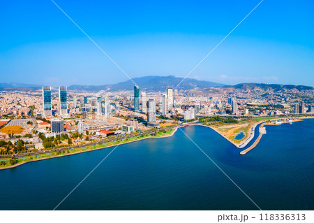 Bayrakli business district aerial panoramic view in Izmir city 118336313