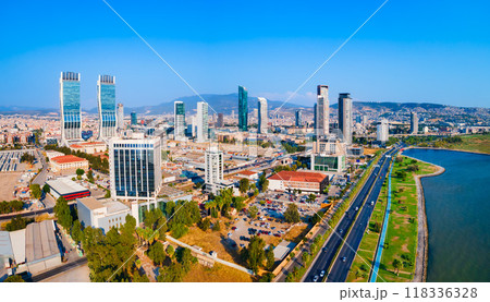 Bayrakli business district aerial panoramic view in Izmir city 118336328