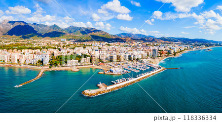 Marbella city port and beach aerial panoramic view 118336334