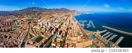 Fuengirola city beach and port aerial panoramic view Fuengirola city beach and port aerial panoramic view 118336363