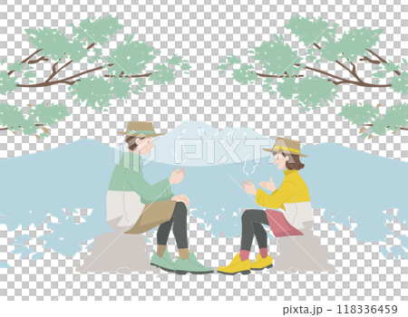 Person taking a break during a hike with background 118336459