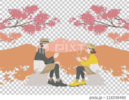 人們在徒步旅行時休息，有背景 118336460