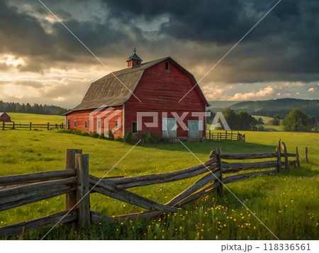 rural landscape with wooden house in mountains rural landscape with wooden house in mountains 118336561