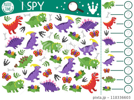 Dinosaur I spy game for kids. Searching and counting activity with T-rex, triceratops, stegosaurus. Prehistoric printable worksheet for preschool children. Simple dino land spotting puzzle 118336603