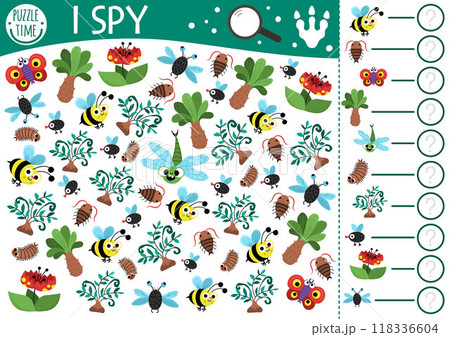Dinosaur I spy game for kids. Searching and counting activity with ancient insects. Prehistoric printable worksheet for preschool children. Simple dino land spotting puzzle with bee, centipede, 118336604