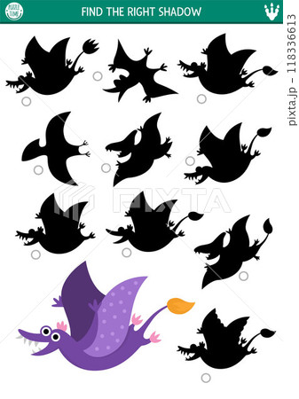Dinosaur shadow matching activity with ancient animal. Prehistoric puzzle with cute rhamphorhynchid. Find correct silhouette printable worksheet or game. Dino land page for kids with pterosaur 118336613
