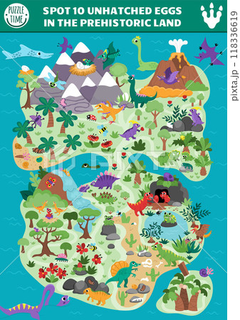 Vector dinosaur searching game with prehistoric continent map landscape. Spot hidden eggs in picture. Ancient world seek and find educational printable activity for kids with T-rex, triceratops, 118336619