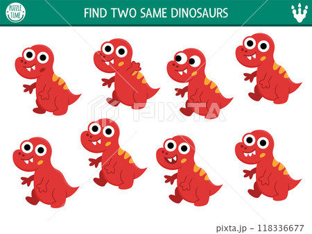 Find two same baby dinosaurs. Prehistoric matching activity for children. Dino land educational quiz worksheet for kids with ancient animals. Printable game with cute little T-rex, brachiosaur 118336677