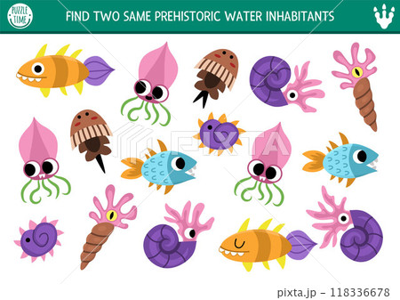 Find two same prehistoric water inhabitants. Matching activity for children. Dinosaur land educational quiz worksheet for kids with ancient ocean animals. Printable game with cute fish, ammonite 118336678
