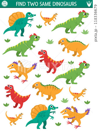 Find two same dinosaurs. Prehistoric matching activity for children. Dino land educational quiz worksheet for kids with ancient animals. Printable game with cute T-rex, velociraptor 118336679