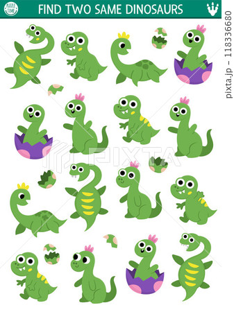 Find two same baby dinosaurs. Prehistoric matching activity for children. Dino land educational quiz worksheet for kids with ancient animals. Printable game with cute little T-rex, brachiosaur 118336680