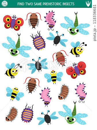 Find two same insects. Prehistoric matching activity for children. Dinosaur land educational quiz worksheet for kids with ancient bugs. Printable game with cute centipede, dragonfly, bee 118336681