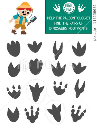 Find pair of dinosaur footprints. Prehistoric matching activity for children. Dino land educational quiz worksheet for kids for attention skills. Printable game with cute ancient animal foot prints 118336682