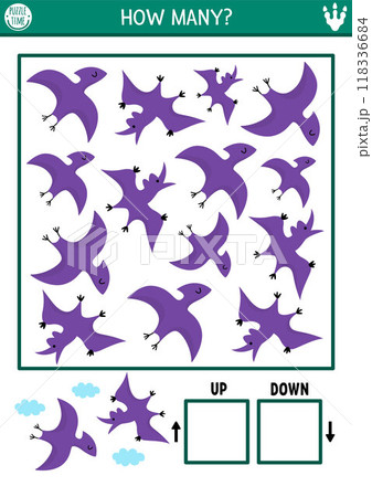 Dinosaur logic game with up and down concept for kids. I spy searching, counting activity with ancient animal. Prehistoric printable space orientation worksheet for preschool children with pterosaur 118336684