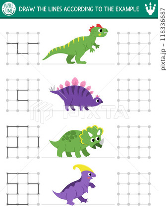 Dinosaur drawing, writing, tracing, space orientation activity for kids with ancient animals. Draw the lines in square box according the example. Preschool prehistoric printable game, puzzle 118336687